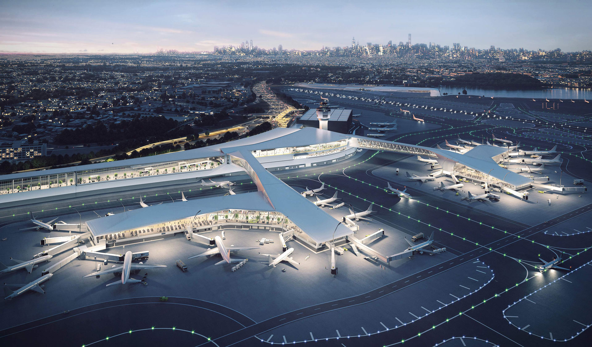 Rendering of nighttime aerial view of new Terminal B at LGA